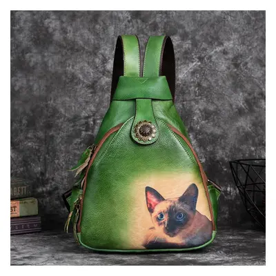 (green) Johnature Animal Prints Vintage Genuine Leather Backpack Leisure Women Shoulder Bag Natu