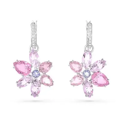 Swarovski Gema Rhodium Plated Pink Flower Hoop Earrings