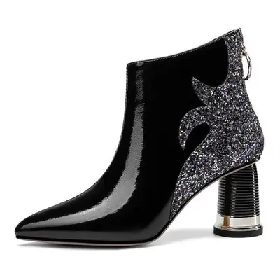 (black, 35) High Quality Women&apos;s Boots Shiny Sequined Ladies High Heels Sexy Pointed Ankle 