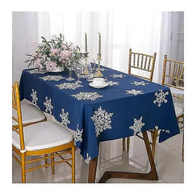 (Navy Blue, 140x280) Christmas Decorative Tablecloth Anti Wrinkle Linen Cotton Embroidered Holid