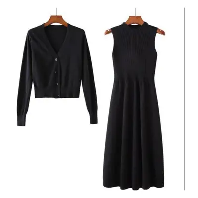 (black, 2XL) Autumn Cardigan Dress Two-piece Elegant Temperament Suit Mid-length Style Waist Sli