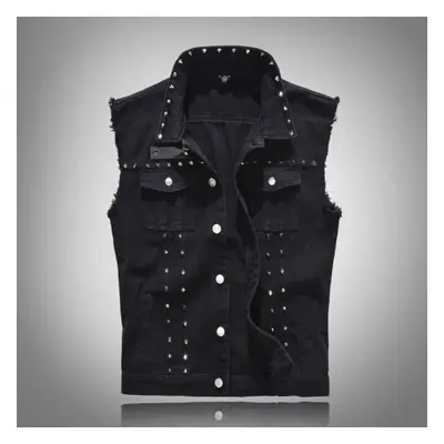 (Black, XXXXL) Plus Size 5XL 6XL Men&apos;s Denim Vest Punk Rock Rivet Cowboy Black Jeans Waistc