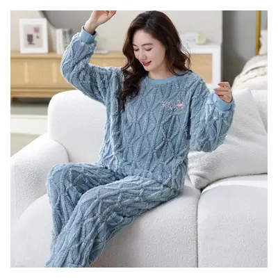 (blue, M) Autumn And Winter Flannel Flannel Warm Pajamas Women&apos;s Home Wear Loose And Comfor