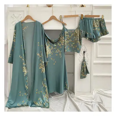 (green, S) Women&apos;s Long Bathrobe Set Silk Spring Autumn Floral Print Ladies Dressing Gown P