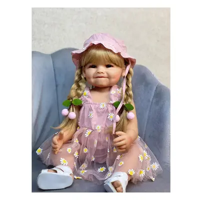 (as the picture) 22inch Pink Reborn Dolls Lifelike Reborn Baby Girl Doll Soft Silicone Long Brow