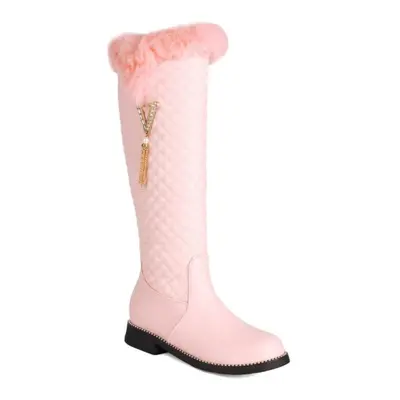 (pink, 38) Women Knee High Boots Round Toe Flats Zipper Crystal Metal Decoration Rivets Long Boo