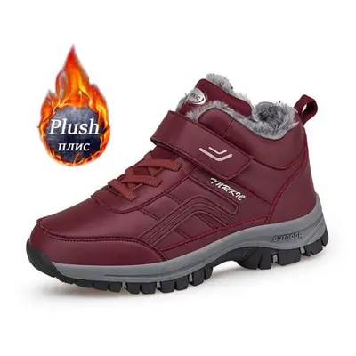 (red, 44) Warm Snow Boots Men Casual Work Shoes Leather Or Suede High-top Non-slip Ankle Boots N