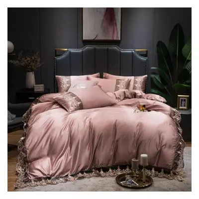 (pink, Plus size) 4pcs Lace Bedding Set Duvet Cover Set With Flat Sheet Zipper Closure Twin Quee