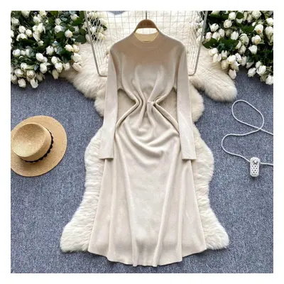 (beige, One Size) Vintage Elegant O Neck Lool Sleeve Knit Korean Fashion Sweet Dress Women Basic