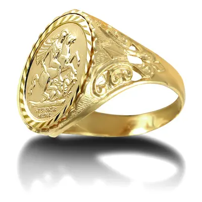 (Y) Jewelco London Men's Solid 9ct Gold Fleur De Lis St George & Dragon Medallion Ring (Half Sov