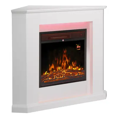 (Complete Set White) Modern Corner Electric Fireplace with Remote Control, Triangle LED Log Fire