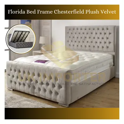 (King 5ft, Cream Plush(with Ottoman Storage)) Chesterfield Plush Velvet Florida Bed Frame with M