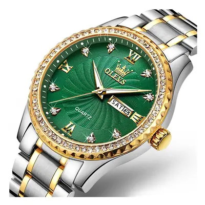 (Silver gold green) OLEVS Brand Men Watches Green Rotating Dial Diamond Quartz Watch Men Stainle