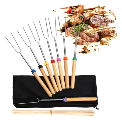 8PCS Roasting Sticks Telescoping 12"-32" Smore Sticks Skewers Set with Wooden Handle for BBQ Hot