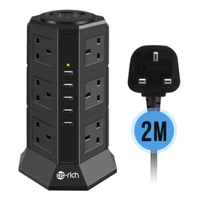 Tower Extension Lead, Te-Rich Gang Surge Protector Multi Plug Power Strip Electric Charging Stat