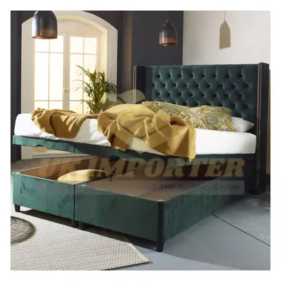 (Super King (without Mattress), Emerald Green Plush) Divan Ottoman Bed Winged Back Plush Velvet 