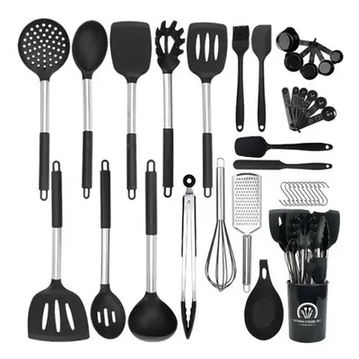 (Black) Pcs Silicone Cooking Utensil Set Non-stick Heat Resistant Sets