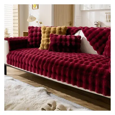 (maroon, 110x160cm) Thicken Imitation Rabbit Fur Plush Sofa Slipcover Non-slip Soft Sofa Towel C