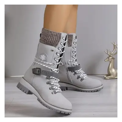 (grey, 42) Women&apos;s Fashion Thermal Mid Calf Boots Knitted Splicing Lace Up Side Zipper Boot