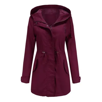 (burgundy, S) Women's Trench Coat Cotton Solid Color Hooded Zipper Windproof Long Jacket Drawstr