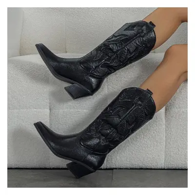 (black, 38) Eilyken Designer Embroidery Knee-high Boots Women Handmade Western Cowboy Booties St