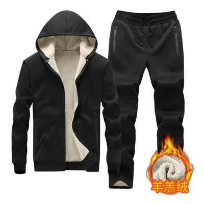 (black, XXL) Winter Sweater Suit Men &apos;s Warm Lamb Men &apos;s Sportswear Two -piece Suit