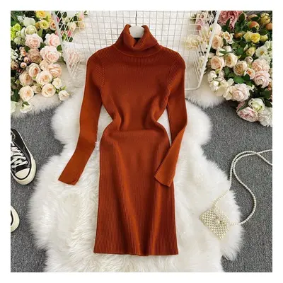 (brown, One Size) New Autumn Winter Women&apos;s Dress Temperament Solid Color Thicken Knit Dres