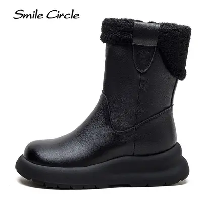 (black, 40) Genuine Leather Boots Women Winter Mid Calf Snow Boots Fashion Casual Thick Bottom B