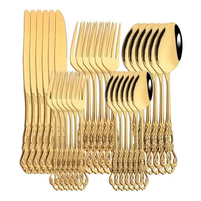 (gold) 30pcs/6set Gold Royal Cutlery Set Dinner Knife Fork Spoon Dinnerware Flatware Stainless S