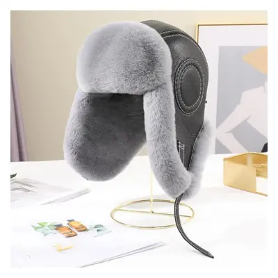 (light grey, 62cm) New Winter Men&apos;s Rex Rabbit Fur Bomber Hat Ushanka Cap Trapper Fluffy Ma