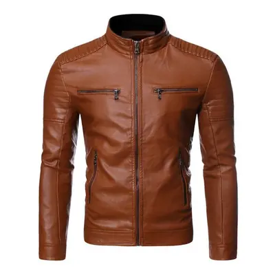 (brown, XXL) Men&apos;s Washed Pu Leather Jacket Men&apos;s Stand Collar Men&apos;s Motorcycle L