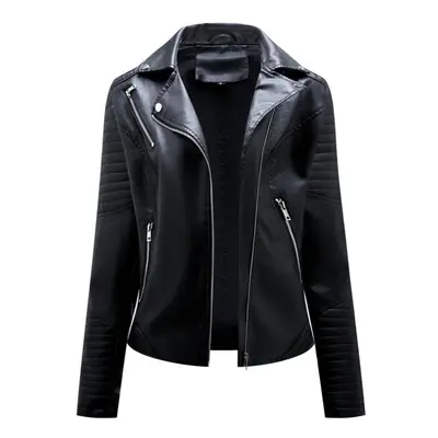 (black, 2XL) Faux Leather Jacket For Women Turn Down Collar Diagonal Zip Pu Moto Biker Coat Casu