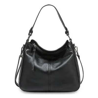 (black) Zency 100% Genuine Leather Elegant Women Shoulder Bag Classic Black Hobos Roomy Casual T