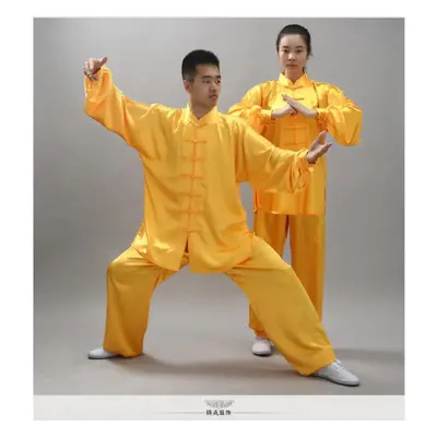 (yellow, L) 2pcs/set Unisex Button Placket Shirt Loose Solid Color Chinese Traditional Tai Chi S