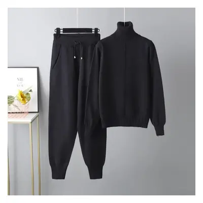 (black, One Size) Winter Women&apos;s Sweater Set Casual Fashion High Neck Solid Color Sweater K