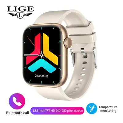 (gold, silicone strap) LIGE Body Temperature Smart Watch Women 1.85 Inch Rotary Keys Sports Brac