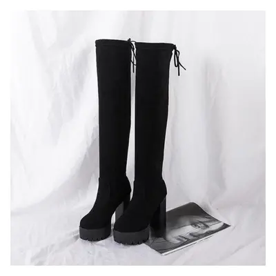 (matte black, 38) Sexy Knee Boots Tight Stovepipe Knight Boots Suede Round Toe Boots For Women T