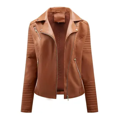 (camel, S) Faux Leather Jacket For Women Turn Down Collar Diagonal Zip Pu Moto Biker Coat Casual