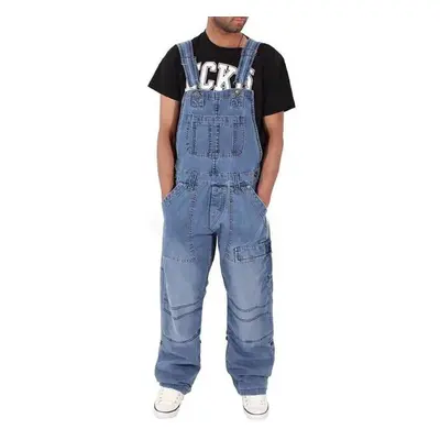 (S, blue) Men&apos;s Street Denim Work Pants Loose Multi-pocket Casual Workwear Suspender Jumpsu