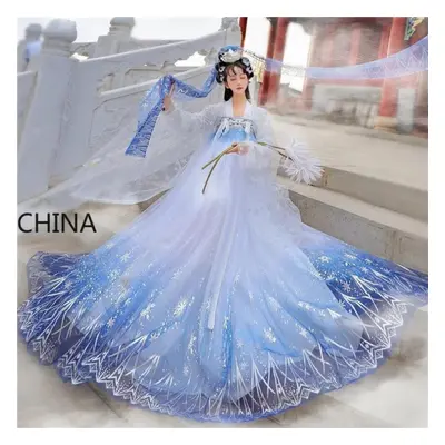 (blue,white, XL) Sequins Gradient Shimmering Women Hanfu Traditional Chinese Dress Prom Formal B