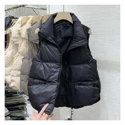 (black, XL) Short Down Cotton Vest Women Spring Autumn Winter Loose Fitting Outer Jacket Female 