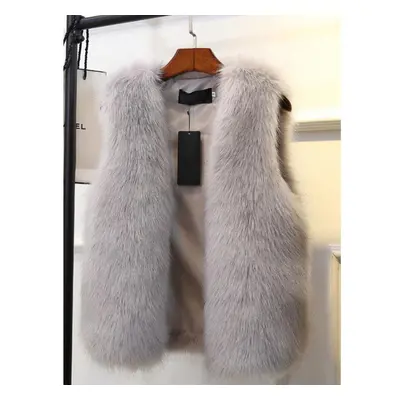 (light grey, S) Women Fur Vest Autumn Winter Imitation Fox Fur Coat Female Street Casual Sleevel