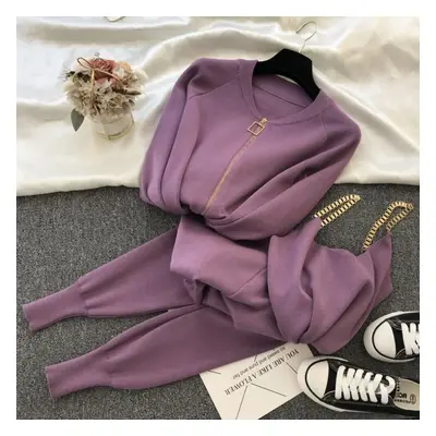 (purple, M) 3pcs/set Knitted Sweater Suit Casual Chain Vest Knitted Jacket + Elastic Pants Three