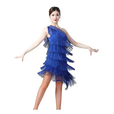 (blue, One Size) Women Sequin Elegant One Shoulder Latin Dance Dress Adult Sexy Tassel Fringe Fl