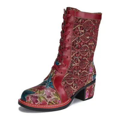 (red, 37) Johnature Vintage Embroidered Lace Med Heeled Long Boots Genuine Leather Exquisite Pri