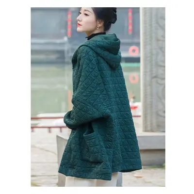 (green, One Size) Johnature Women Vintage Hooded Parkas Button Bat Sleeve Solid Color Warm Coats