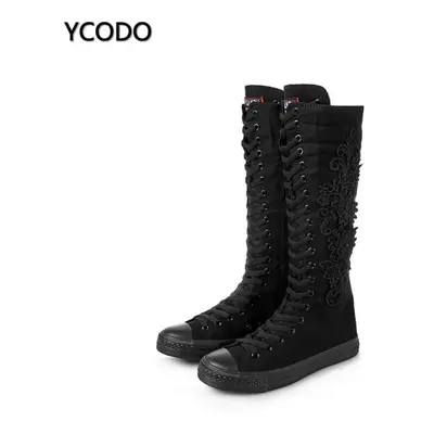 (black, 38) Spring Autumn Women Boots Canvas Mid Calf Boots Casual High Top Shoes Long Boots Lac