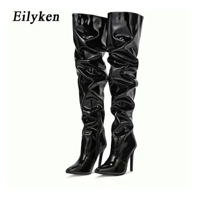 (black, 37) Eilyken High Quality Pleated Patent Leather Motorcycle Over The Knee Boots Women Fas