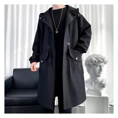 (black, XXXL) Long Trench Coat Jacket Men Cotton Autumn Spring Black Hip Hop Japanese Coats Stre