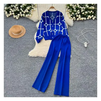 (blue, One Size) Fashion Basic Knitted Suits Ladies Single Breasted Print Cardigan+high Waist Wi